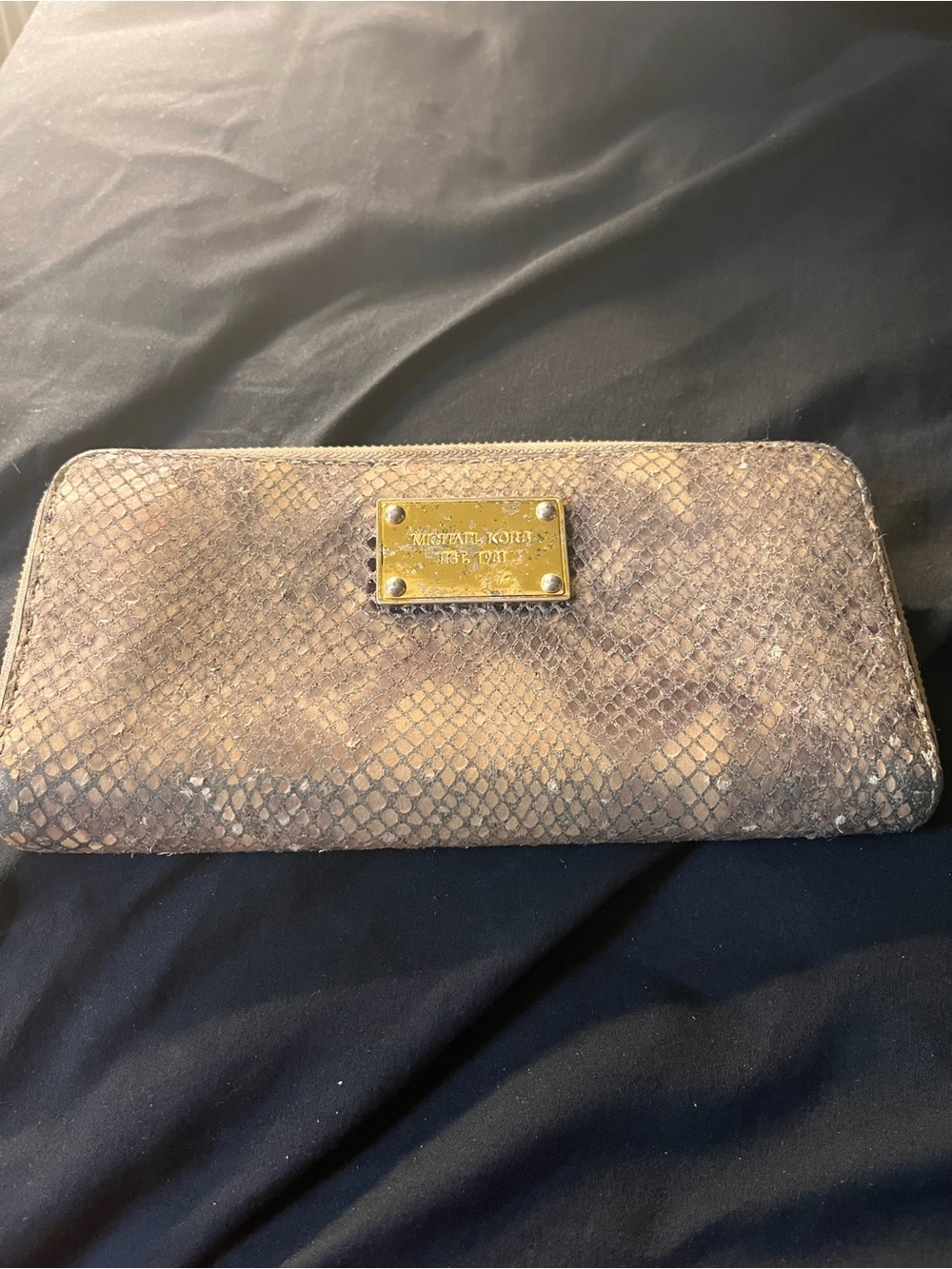 Michael Kors Taupe Snake-Embossed Zip Around Wallet with Gold Plaque